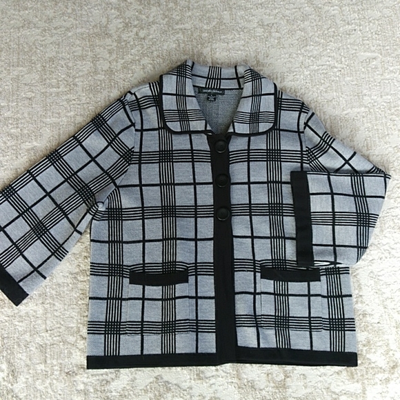 Designers Originals Plaid Windowpane Acrylic Sweater Jacket LARGE Black Gray - Picture 8 of 10